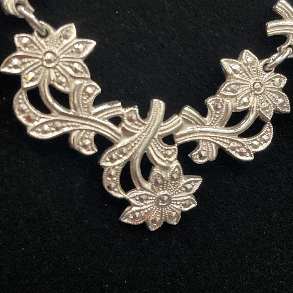 Sterling Silver 925 And Marcasite Necklace B&K 15" Art Deco Vintage 19.86g - Picture 6 of 13